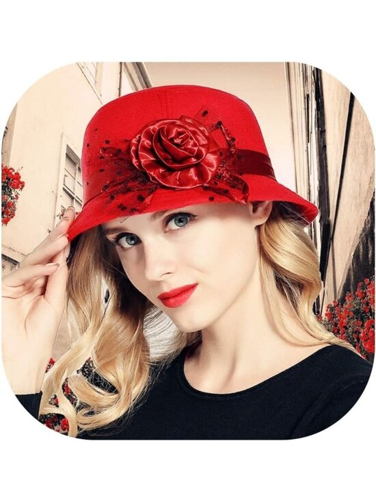 Women\'s Red Vintage Felt Cloche inter Floral Fedora Imported Bucket Hat main image 6